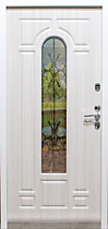 Дверь входная для улицы со стеклопакетом и ковкой 11см Венеция, внутрь МДФ, цвет сандал белый 