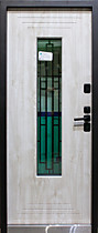 Дверь входная для улицы со стеклопакетом и ковкой 11см Лондон, внутрь МДФ, цвет бетон 