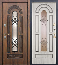 Дверь с терморазрывом для улицы 13см VITRA Винорит Патина со стеклопакетом и ковкой, внутрь сосна белая